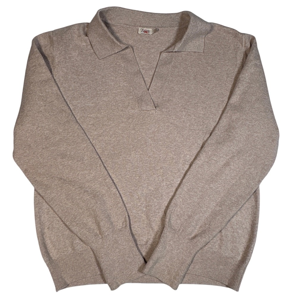 Faherty Mens Sunwashed Johnny Collar Polo Sweater Tan Organic Cotton Large